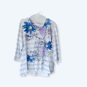Karen Scott Blue & White Floral 3/4 Sleeve Top